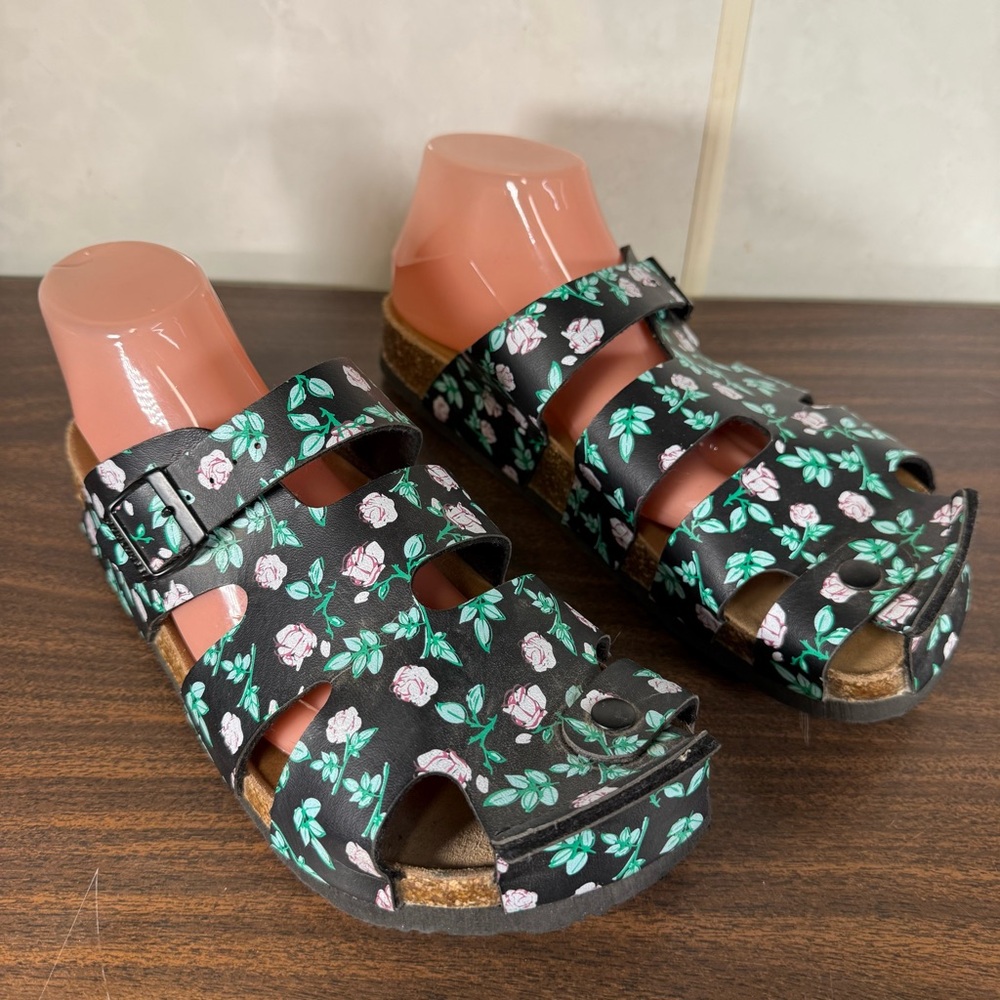 Cork Soled Mule Maibulun Size 43 Floral German Design Leather Sandals Adjustable